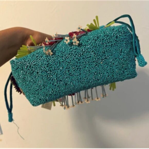 Viral Tik Tok Beaded Handbag Made in India Teal Blue Floral NWT - Picture 6 of 6